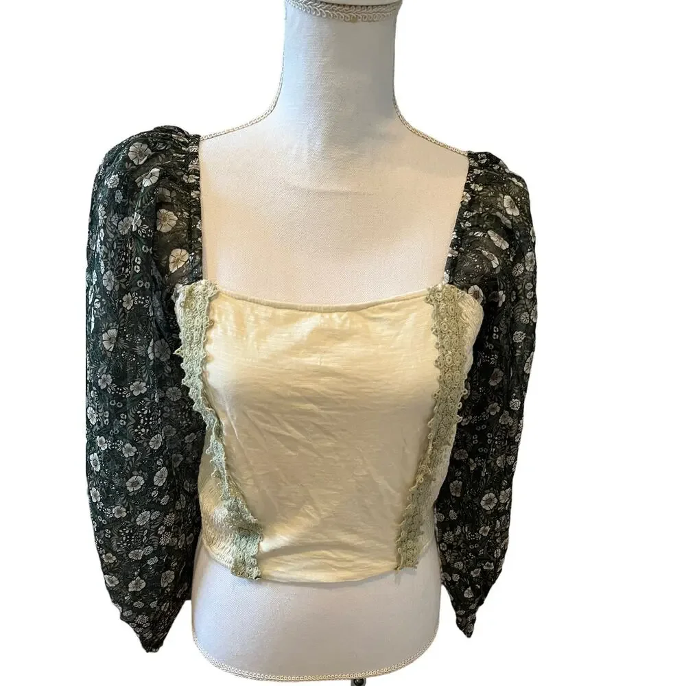 Anthropologie Forever that Girl Corset Style Puff Sleeve Top Botanical Print S